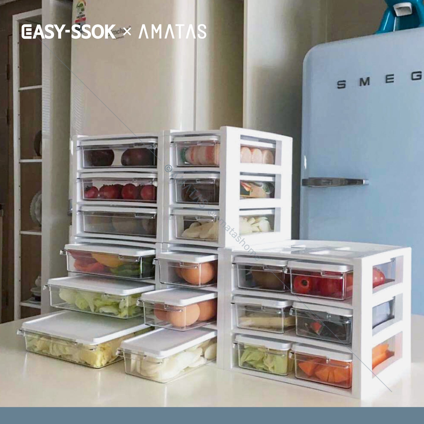 EASY-SSOK ชุดชั้นจัดระเบียบในตู้เย็น กล่องจัดระเบียบ กล่องเก็บอาหาร อุปกรณ์จัดเก็บอาหาร